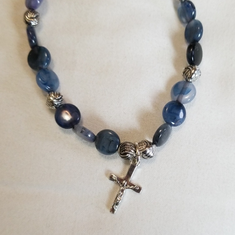 Silver Blue Bead Crucifix Cross Bracelet
